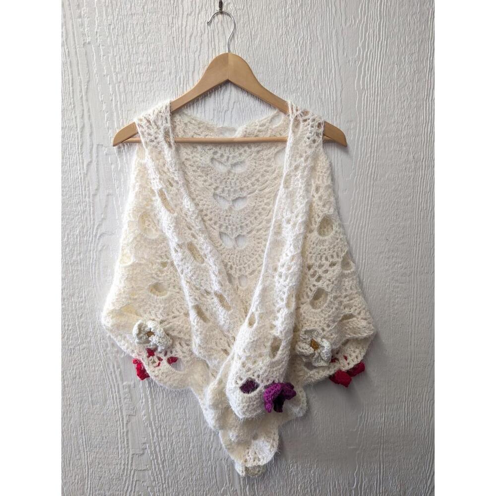 Handmade Chunky Crochet Boho Ivory Scarf Shawl Flowers Romantic Valentine's Day